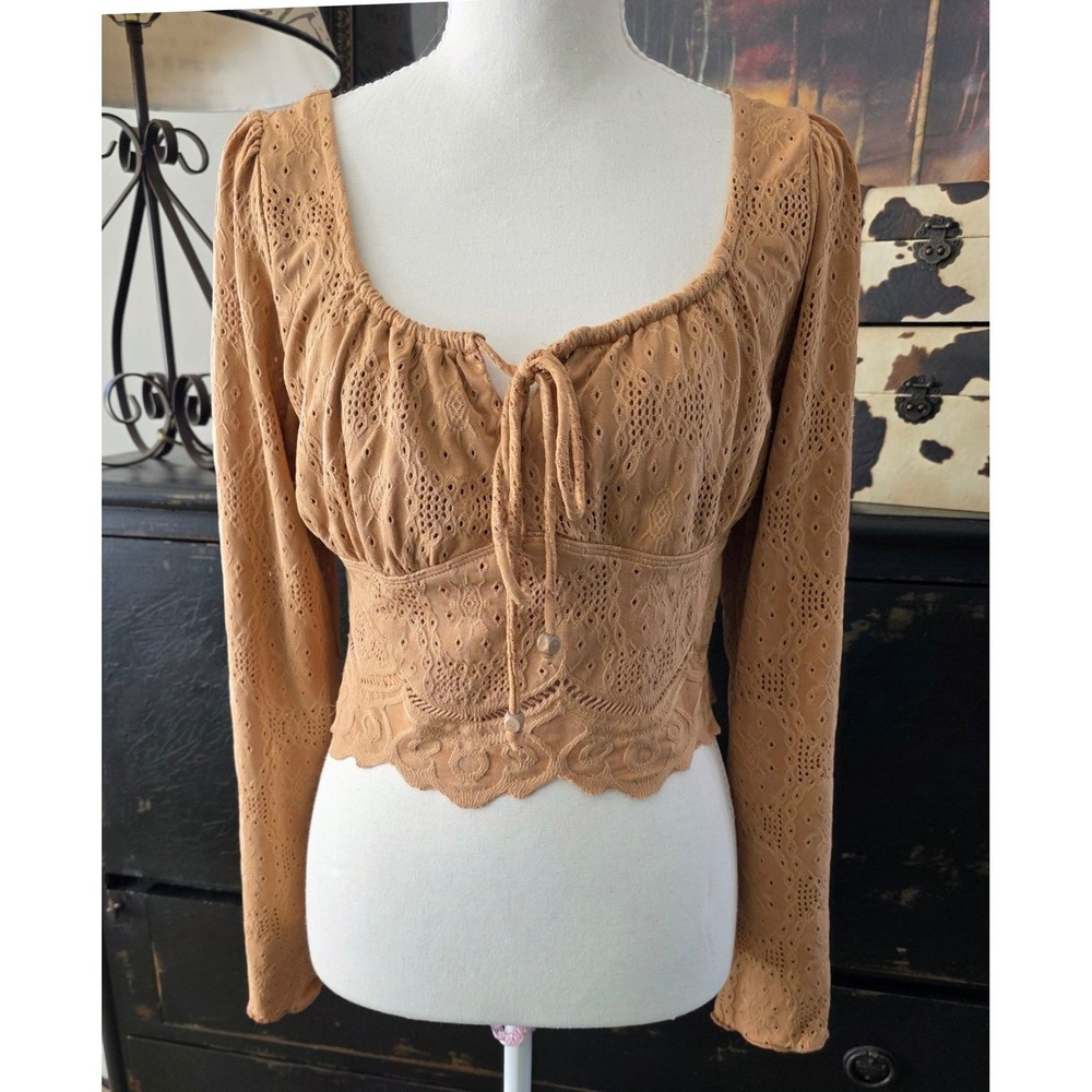 KIRIOUS LA Womens Size L‎ Dainty Brown Long Sleeve Cropped Top Babydoll Coquette